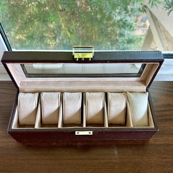 Vintage Brown Faux Leather 6 Slot Watch Box with Glass Lid and Cushions - Picture 6 of 16